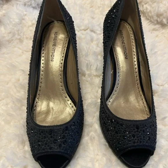 Adrienne Vittadini Pippi Rhinestone Peep Toe Black Platform Heels, size 7 1/2 - Picture 3 of 7